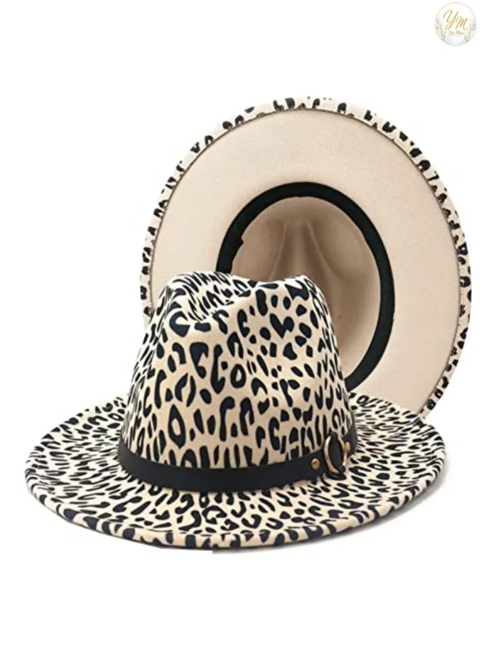 Womens Wide Brim Felt Fedora Panama Hat Leopard Belt Outdoor Sun Hat